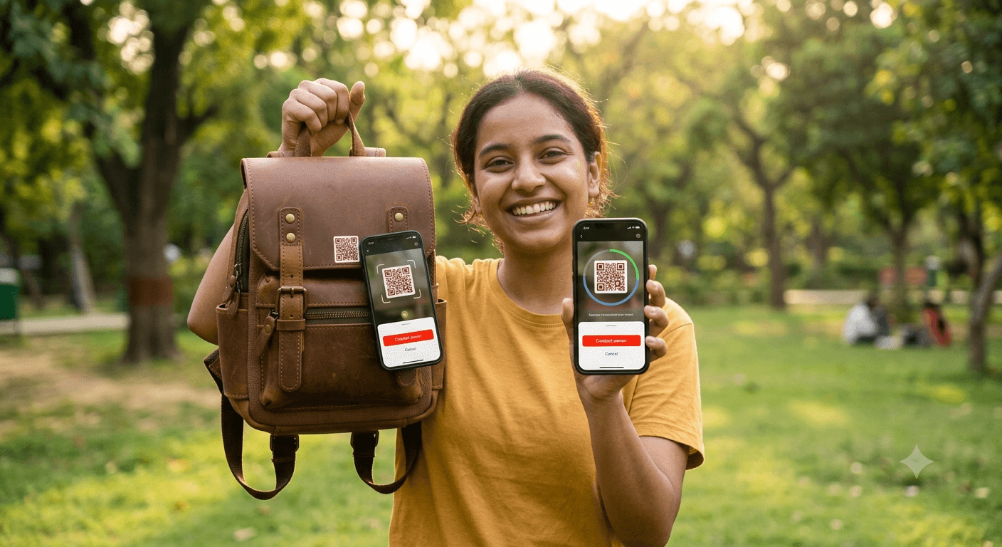 Backpack, wallet, and small QR tag—scan to contact the owner